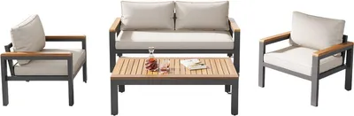 Image de Loungeset - Ensemble de meubles de jardin - Cadre en acier galvanisé - Table & accoudoirs en acacia - Beige