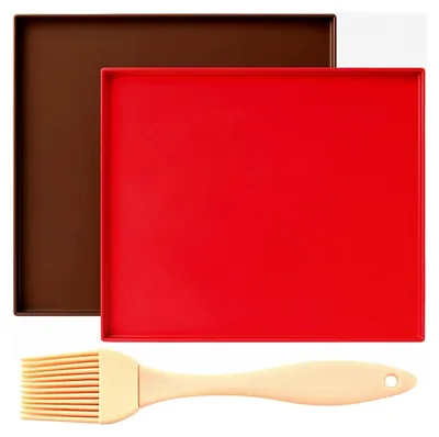 Produktbild von 2 Stück Silikon Backunterlage + 1 Silikonpinsel, Dauerbackmatte, Silikon Backmatte mit Rand, Ideal für Backofen, Spiralrollen, Kekse, 30,5 x 25,5 cm, Kaffeebrown + Rot