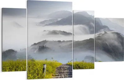 Produktbild von Bild auf Leinwand - Leinwandbild - Berg Nebel Landschaft Morgen - 120x70cm - Wand Bild - Wanddeko - Leinwanddruck - Bilder - Kunstdruck - Wanddekoration - Leinwand bilder - Wandkunst - DL120x70-2478