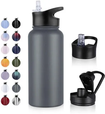 Produktbild von Ibenzoa® Edelstahl-Trinkflasche 1 L – doppelwandig vakuumisoliert (24h kalt / 12h warm), 18/8, mit Trinkhalm & Ausgießdeckel, auslaufsicher für Sport & Reise