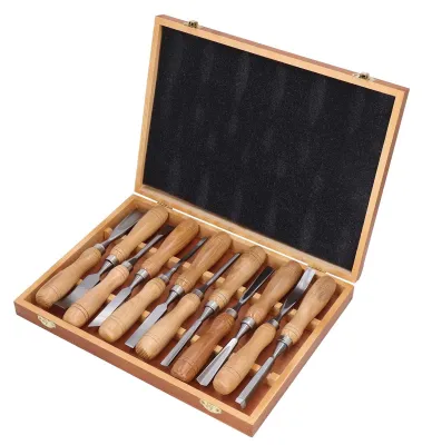 Produktbild von 12-teiliges Holzschnitzwerkzeug-Set - Holzschnitzmesser - Gravurmeißel - Holzgriffe