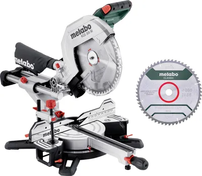 A Metabo KGS 305 M miter saw and a saw blade are displayed against a white background.