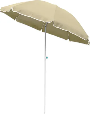 A single beige umbrella with a white trim is shown against a white background.