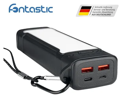Produktbild von Fontastic Power Bank mit LED Licht Atria20 20000mAh schwarz 3 Helligkeitsstufen, SOS-Signallicht, USB-A, Typ-C