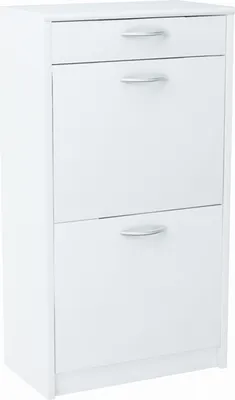 Produktbild von MATKAM Schuhschrank 2D1S in moderner Optik, B 50 x H 92 x T 28 cm, laminierte Möbelplatte 16 mm, mit Rückwand, 2 ausklappbare Schuhablagen, 1 Schublade für zusätzlichen Stauraum (Weiß)