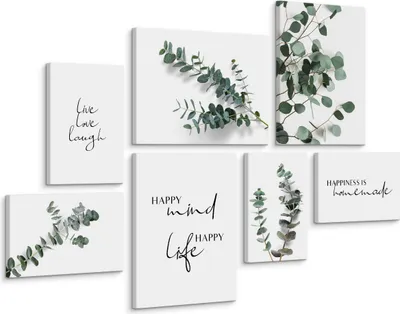 Produktbild von Muralo Wand Bilder Set AUFHÄNGFERTIG EUKALYPTUSBLÄTTER Zitaten Natur 4 Bilder 20x30cm mit 3 Bilder 30x40cm