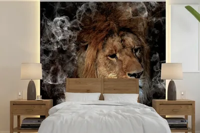 Produktbild von MuchoWow® Fototapete für Wohnzimmer oder Schlafzimmer Wandtapete Vinyl Motivtapete Löwe - Rauch - Tiere - 220x220 cm - Tapeten