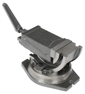 Obrázek produktu pro Strojní svěrák pro frézku - Naklápěcí svěrák - Rozpětí čelistí 100 mm - Otočný o 360° - Naklápěcí od 0 do 90° - Upínací síla 19 kN - Stříbrná barva