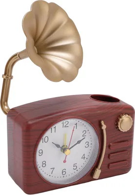 Produktbild von Vintage Gramophone Alarm Clock Plastic Simulated Phonograph Battery Operated Decorative Desk Clock for Bedside Office Wood Grain Color