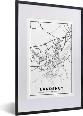 Produktbild von MuchoWow® Gerahmtes Poster Karte - Landshut - Karte - Stadtplan 40x60 cm - Poster mit Schwarzem Bilderrahmen Wandposter Rahmen Foto Bilder - Poster in Rahmen