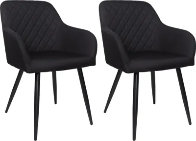 Two black dining chairs with quilted backs and black metal legs are shown against a white background.