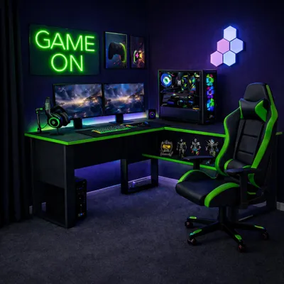 Produktbild von Homidea Arena Gaming-Schreibtisch in L-Form – Eckschreibtisch für Gamer und Homeoffice – Großer Computertisch – Modernes Design – Schwarz/Grün