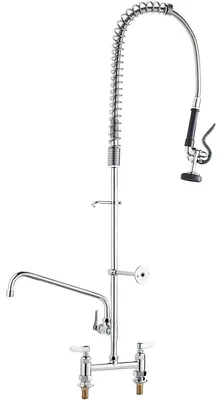 Produktbild von Commercial Faucet with Pre-Rinse Sprayer, 44" Height, 8" Center, 12" Swing Spout, Deck Mount Kitchen Sink Faucet, Brass Constructed Device with Pull Down Spray, for 1/2/3 Compartment Sink