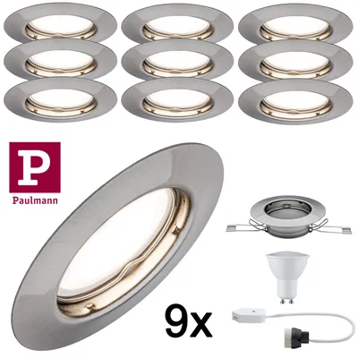 Image de Lot de luminaires encastrés Paulmann, ronds, fixes, LED 9 x 4,5 W, 230 V, fer brossé/métal, 9 x 340 lumens