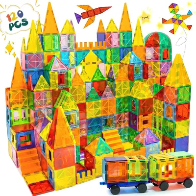 Produktbild von Magnetbausteine Kinder 120-teilig – Stabile 2D & 3D Magnetische Bausteine, MINT/STEM Lernspielzeug mit verstärkten Magneten & Rädern – Konstruktionsspielzeug ab 3 Jahren für Jungen und Mädchen