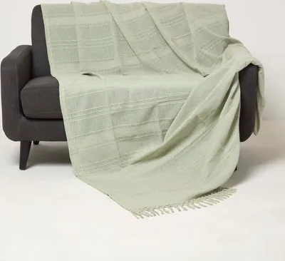 Immagine prodotto di HOMESCAPES Kashi Coperta 150 x 200 cm – Coperta in cotone / Copriletto verde con frange
