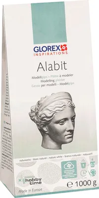 Produktbild von Glorex Alabit Modellgips, naturweiß, 1 kg, Mischverhältnis Gießmasse zu Wasser 1:0.7, Aushärtezeit ca. 30 Min., Trockenzeit 12-24 Std., saugende Struktur, für Modelle, Reliefs, Gipsformen, Kindergärten und Schulen