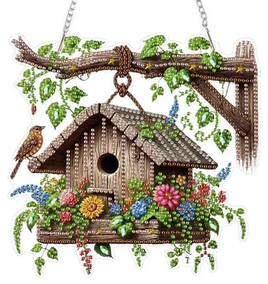 Produktbild von 5D Diamond Painting Fensterbilder Vogelhaus Blumen Anhänger Deko mit Kette