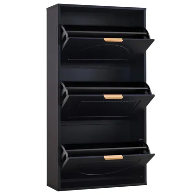 Image de Meuble à chaussures étroit à 3 portes, armoire à chaussures, MDF, noir