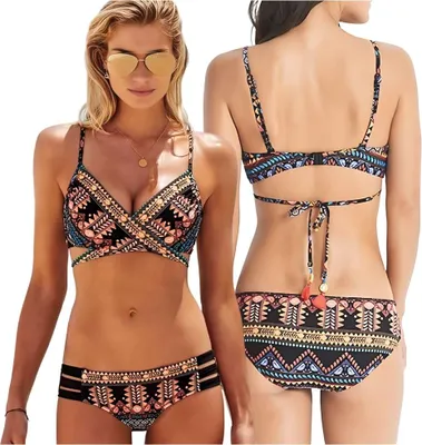 Zdjęcie produktu dla Strój kąpielowy boho brazyliany figi dwuczęściowy sexy biustonosz push Komplet bikini kostium kąpielowy biustonosz push up czarny sexy wycięcia m