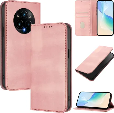 Produktbild von Handyhülle für Realme 14 Pro+, Vintage Leder RFID Schutz Kartenfach Standfunktion Magnetische Klapphülle Pink