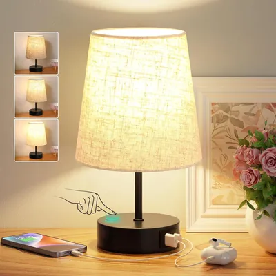 Produktbild von 1 Stück Nachttischlampe Touch Dimmbar mit USB A+C Ladefunktion, Tischlampe mit Leinenschirm LED Birne Schlafzimmer Büro