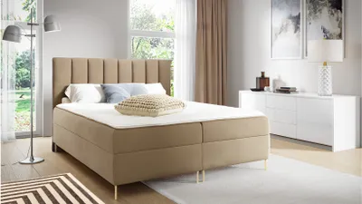 Produktbild von GUTTO Bett -- NINE -- Boxspringbett KARAMELL 160x200 Bett mit Bettkasten und eingebauter Matratze + Topper Beige Velour Samtstoff Velvett goldene Bein