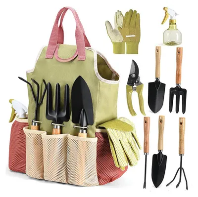 Obrázek produktu pro Sada zahradního nářadí z uhlíkové oceli, 9dílná, ergonomická, s taškou, lopatkou, rukavicemi, nůžkami, pro zahradu, balkon a terasu