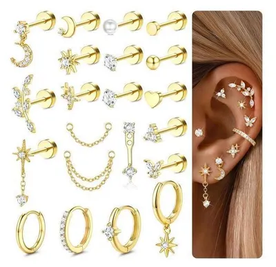 Obrázok produktu pre 21-dielna súprava piercingu Helix, chirurgická oceľ, náušnice, zlatá farba, strieborná farba, kruhy, piercing pre chrupavky, tragus, conch, 16G