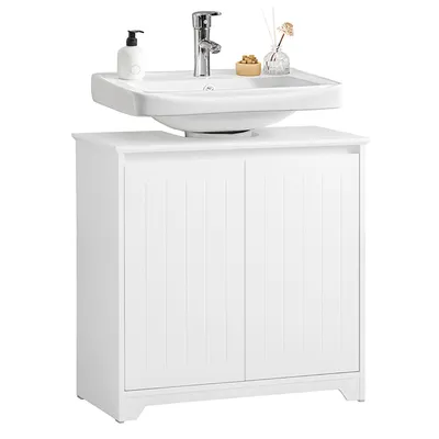 A white bathroom vanity cabinet with a white sink and faucet on top.