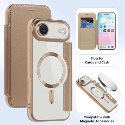 Produktbild von Klapphülle für iPhone Air Kompatibel mit Magsafe, Klar Überzug Kartenhalter Ledertasche mit Kameraschutz Gold