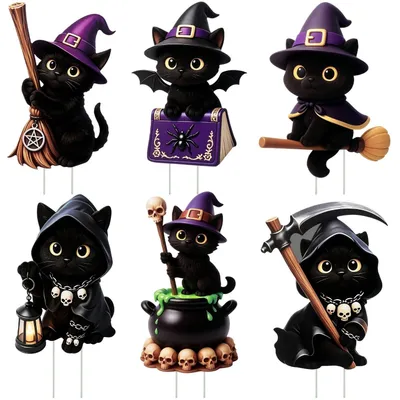 Halloween-Deko: 6 schwarze Katzen mit Hexenhut, Karton, 15-20 cm