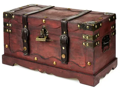A vintage-style wooden chest with metal accents and buckles, presented against a white background.