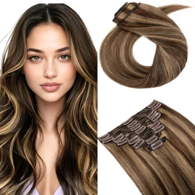 Obrázek produktu pro Clip-in prodlužovací vlasy z přírodních vlasů, dvojité prameny, 8 kusů, délka 40 cm, středně hnědá/tmavě blond, hmotnost 130 g