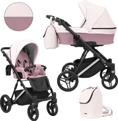 Produktbild von Kinderwagen LAZZIO PREMIUM Sportwagen Babywagen Babyschale Komplettset Kinder Wagen Set 2 in 1 (rosa + eco, Rahmenfarbe: Silber)