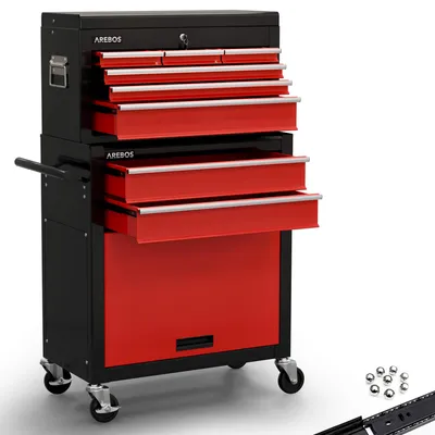 Immagine prodotto di Carrello da officina AREBOS 9 scomparti rosso-nero | tappetini antiscivolo e attacco per valigia