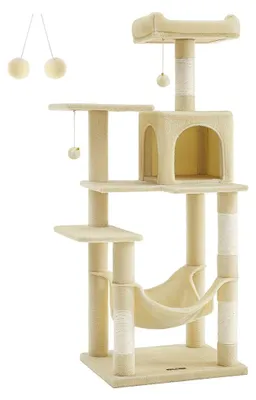 Image de Arbre à chat en sisal, avec des poteaux à gratter, en peluche, 143 cm de hauteur, couleur beige