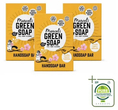 Immagine prodotto di 3 saponette artigianali "Marcel's Green Soap" - Vaniglia e fiori di ciliegio - 90 g - Confezione grande - 3 pezzi