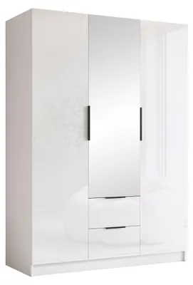 Produktbild von MIRJAN24 Kleiderschrank Calwi II 150, Schlafzimmer, mit Spiegel, Drehtürenschrank, mit Kleiderstange, Modern, Garderobenschrank, Metallgriffe (Farbe: Weiß / Weiß Hochglanz + Schwarz)