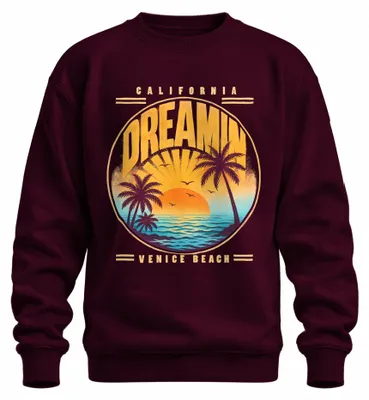Immagine prodotto di Felpa con cappuccio, stile retrò, ispirata a Venezia Beach e al tramonto californiano, con motivi di palme estive, colore bordeaux, taglia S