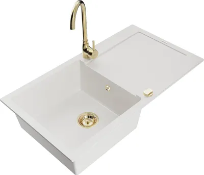 Immagine prodotto di Mexen Leo lavello da cucina in granito a 1 vasca con scolapiatti e miscelatore Telma, bianco - 6501-20-670200-50