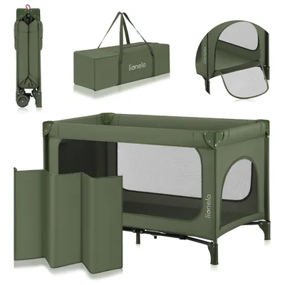 Image de Lionelo Lit de voyage 2en1 Jasmin Easy Fold Lit de voyage pour enfants 0-36 mois, Entrée latérale avec fermeture éclair, se plie et se déplie en quelques verts