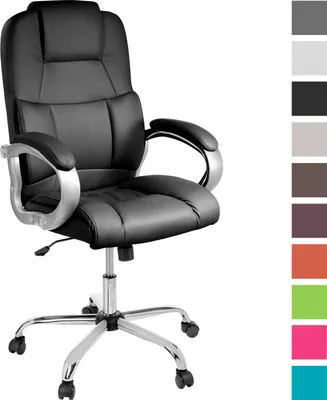 A black office chair with silver accents is shown against a white background. To the right of the chair, there is a vertical strip of colored squares, likely representing color options for the chair.
