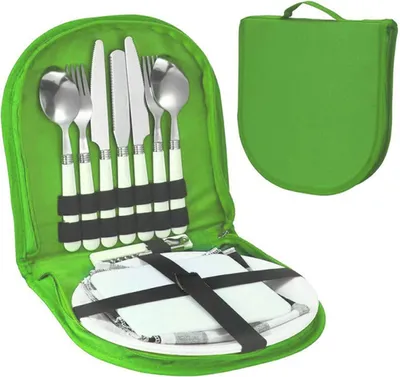 Produktbild von Campingbesteck-Set mit Gabel, Löffel, Messer und Teller, leichtes Reisebesteck für Outdoor-Wanderungen und Picknicks