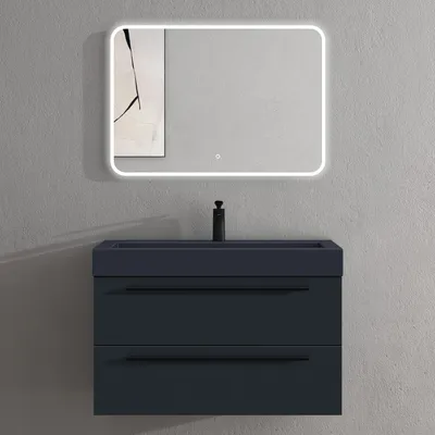 Image de doporro Meuble de Salle de Bains Gris Noir Mat Ensemble de 3 Pièces Meuble Suspendu avec Lavabo 90 cm et Miroir LED Design Quadratto