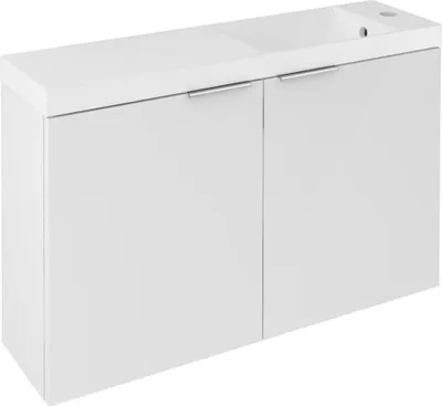 A white bathroom vanity with two doors and a sink on top, shown from a diagonal angle against a white background.