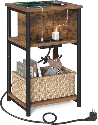 Obrázek produktu pro Přenosný stolek – noční stolek s zásuvkou a USB porty – vintage hnědé a černé barvy – rozměry 30x34x58 cm