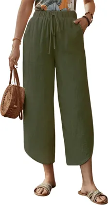 Obrázek produktu pro ASKSA Dámské 7/8 kalhoty Lněné kalhoty Délka vysoký pas široká noha ležérní volné lehké letní kalhoty s kapsami (Army Green,XL)