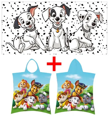 Produktbild von 101 Dalmatiner Handtuch + Paw Patrol Badeponcho Rubble, Chase, Marshal, Hunde, 2er-Set