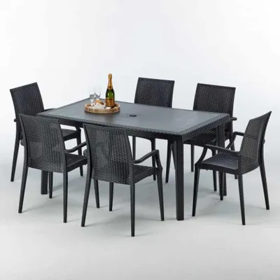 Immagine prodotto di Tavolo rettangolare in Poly Rattan con 6 sedie colorate in Polyrattan 150x90 Nero